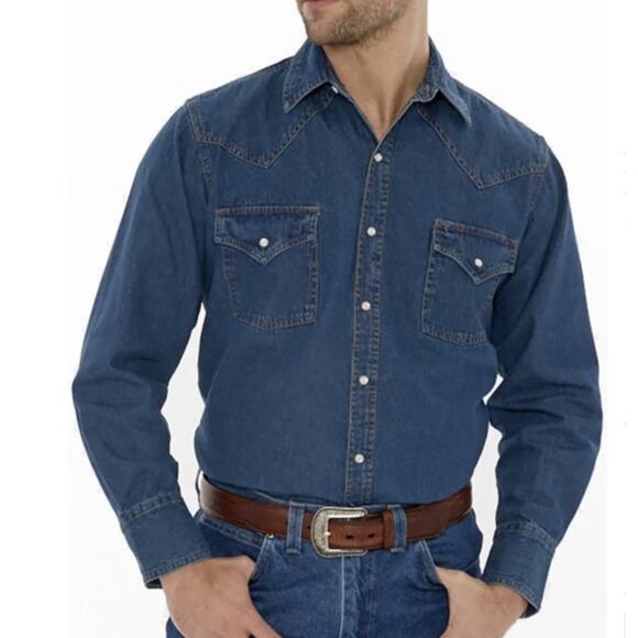 Ely Cattleman S Mens Long Sleeve Cowboy Western Shirt Blue Pearl Snap Rodeo - Picture 7 of 7